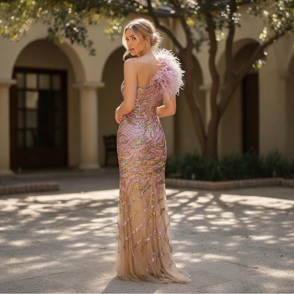 NWT Jovani Rhinestone & Sequin Embelished Pink Silver Gold Tan Maxi Dress Size 4 - Picture 3 of 7